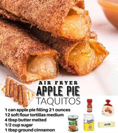 an advertisement for air fryer apple pie taquitos with instructions to make them