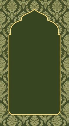 an ornate green and gold background with a golden frame on the top, in front of a