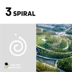 an aerial view of a park with trees and buildings in the background text reads, 3 spiral land space architecture