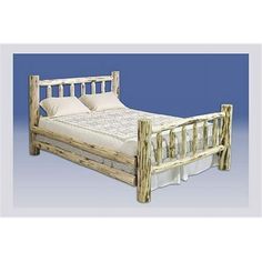 a wooden bed frame with white sheets and pillows on it, against a blue background