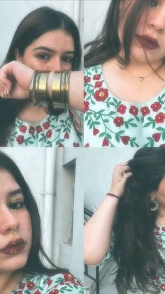 four pictures of a woman with her hands on her head and wearing gold jewelry,