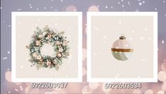 two christmas cards with ornaments on them in front of snowflakes and boke