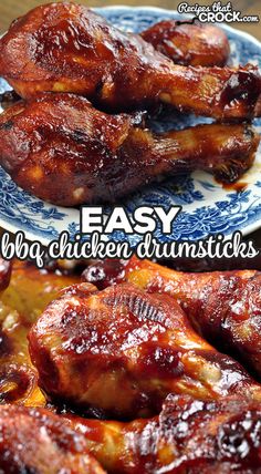 two plates with chicken drums on them and the words easy bbq chicken drums written below