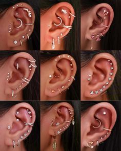 the different types of ear piercings are shown in multiple pictures, including one with pearls and