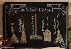 a chalkboard drawing of brooms hanging from the ceiling with writing on it that says hock's poop broom co