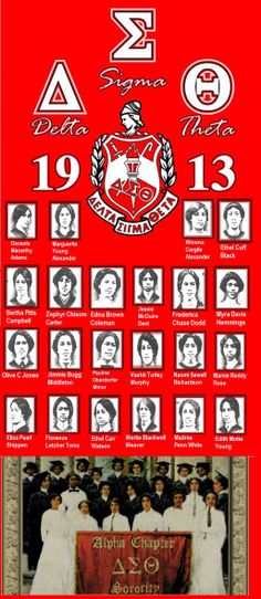 an old poster with the names of women in white and black on red, as well as