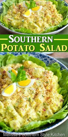 two plates filled with potato salad on top of lettuce and topped with an egg