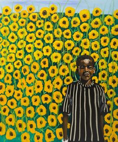 a painting of a man standing in front of a field of sunflowers