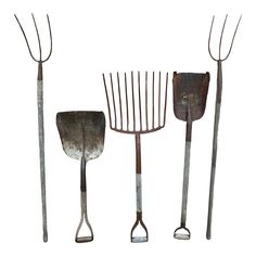 four different types of garden tools are shown in this image, including rakes and pitchforks