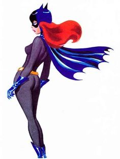 a drawing of a woman dressed as batgirl with red hair and blue eyes, standing in