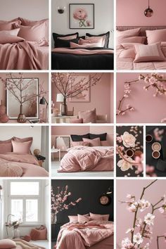 a collage of pink and black bedding with cherry blossoms on the bottom right