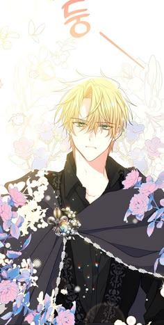 a man with blonde hair wearing a black outfit and flowered shawl over his shoulder