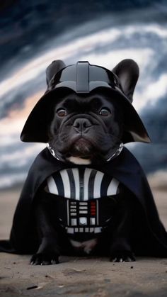 a dog dressed as darth vader is sitting on the ground and looking at the camera