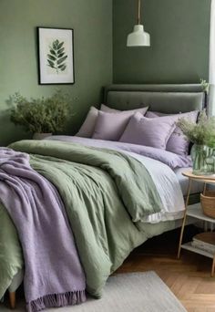 a bed with green and purple sheets in a bedroom next to a table with flowers on it