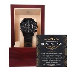 🤵‍♂️💍Surprise your son-in-law on his wedding day with this Black Chronograph Watch and heartfelt message, "To Our Soon-to-be Son-in-law, it seems I only closed my eyes for a second, and a woman appeared where a girl once stood. Today, that woman is choosing you as her forever partner, and for that we are grateful. For today, we don't lose a daughter; we gain a son. Welcome to our family." The Chronograph Wristwatch features a three-dial face, calendar function, and luxury pointers. It is water Elegant Chronograph Watch With Date Display As Gift, Stainless Steel Watch As Father's Day Gift, Father's Day Stainless Steel Watch Gift, Father's Day Gift Stainless Steel Watch, Stainless Steel Watches For Father's Day Gift, Personalized Anniversary Watches, Personalized Formal Watches For Father's Day, Black Chronograph Watch As Gift, Personalized Stainless Steel Watches For Anniversary