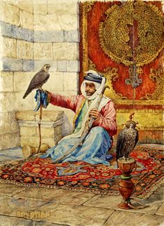 a painting of a man sitting on a rug with two birds perched on his arm