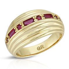 A 70's vintage inspired, yet modern dome ring features a row of baguettes. Ruby colored CZ's Sizes: 6, 7, 8 14K Gold over Brass Baguette Ring Band, Cheap Trendy Jewelry, Sterling Silver Midi Rings, Thick Gold Ring, Wide Gold Ring, Midi Rings Silver, Statement Rings Diamond, Gold Filled Ring, Gold Ring Stack