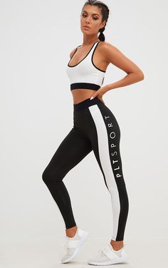 PLT Black Monochrome Gym LeggingsWork it in these monochrome gym leggings featuring a black stretchy material with contrasting white panels and slogan Team them with the matching monochrome crop top for the ultimate gym bunny look Length approx 67cm 26 Based on a sample size UK 8 Model wears size UK 8 EU 36 AUS 8 US 4Model Height n5ft 8 Black Monochrome, High Waist Sports Leggings, Gym Clothes Women, Legging Sport, Legging Outfits, Yoga Pants Outfit, Gym Leggings, Outfit Casual, Zumba