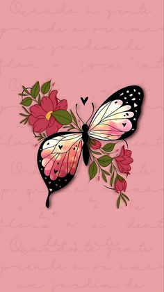 a pink and black butterfly with flowers on it