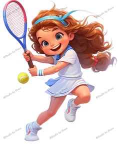 a cartoon girl is playing tennis with her hair blowing in the wind and holding a racket