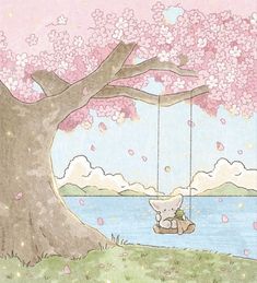 a drawing of a teddy bear sitting on a swing in front of a cherry blossom tree