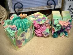 All natural bars handcrafted and scented with Baja cactus blossom type fragrance. These unique handcrafted bars have miniature cactus soaps placed on top with soap piped in between for decoration. Cactus Blossom, Cactus Blossoms, Cactus Party, Luxury Soap, Beauty Soap, Soap Bar, Soap Making, Bar Soap