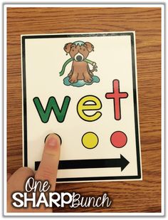 a person pointing to a sign with the word wet on it and an image of a dog