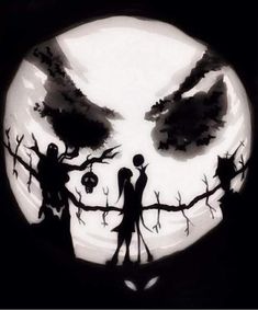 two people standing next to each other in front of a full moon with creepy faces