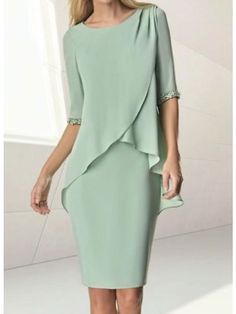 Sheath / Column Mother of the Bride Dress Wedding Guest Elegant Jewel Neck Knee Length Chiffon Half Sleeve with Beading Ruching 2023 2023 - US $109.99 Dress Sage, Fall Wedding Guest, Midi Dress Formal, Elegant Midi Dresses, Summer Wedding Guests, Elegant Skirt, Fall Wedding Dresses, Summer Wedding Dress, Mother Of The Bride Dress