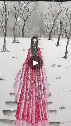 a painting of a woman in a red dress walking up some steps with snow falling on her