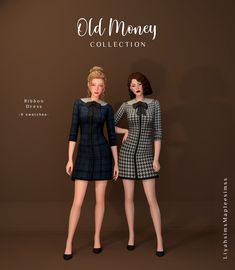 two women are standing next to each other in front of a wall with the words old money collection on it