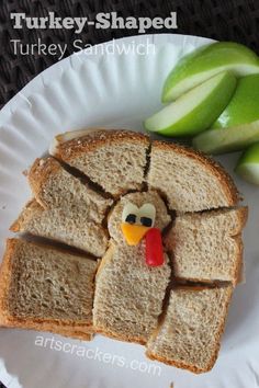 a turkey sandwich cut into slices on a white plate with sliced apples in the background