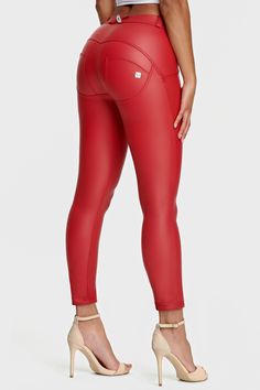 WR.UP® Faux Leather - Mid Rise - 7/8 Length - Red Red Leather Pants, Freddy Pants, Flattering Pants, Mid Waist Pants, Date Nights, Compression Pants, Sleeveless Bodysuit, Sunday Brunch, Faux Leather Pants