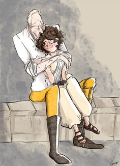 a drawing of an older man holding a young woman in his arms while sitting on a bench