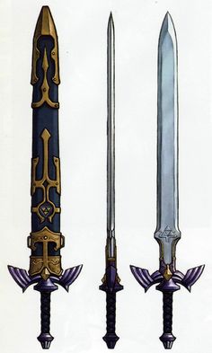 three different types of swords are shown in this drawing, one is blue and the other is gold