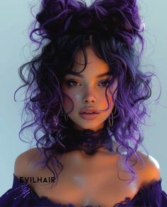 Art credits @ EVILHAIR — #purplehair #purple #art #aesthetic #faceclaim #bookart #bookaesthetic #model #faceart #portrait #hairstyles #hair #haircut #haircolor #ideas Purple Hair Red Dress, Purple And Black Curly Hair, Dark Fairy Hair, Dark Purple Hair Curly, Evil Hairstyles, Purple Art Aesthetic, Wicks Hairstyle, Hair Wicks, Wicks Hair