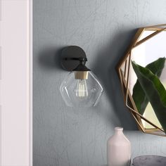 a mirror and light fixture on a wall