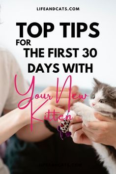 a woman holding a kitten with the caption top tips for the first 30 days with your new kitten