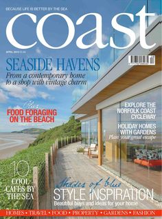 the front cover of coast magazine with an image of a house on the beach in the background