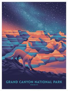 the grand canyon national park poster is shown with mountains and stars in the sky above