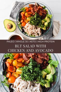 two bowls filled with chicken salad and avocado on top of each other next to the words paleo whole 30 keto high protein diet