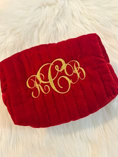 Red Velvet Monogrammed Makeup Bag, Personalized Cosmetic Bag, Embroidered Monogram Bag, Initial Travel Bag, Valetine's Gift Bag, Mothers Day Measurements: length 7.5inx 4.5in width x 4inch height  Processing Time: 3-5  Business Days from date of purchase.  Please note, shipping time is aside from processing time, items are shipped via USPS.  No returns or exchanges, unless we made a mistake on our end. Valetine Gift, Monogrammed Makeup Bags, Personalized Cosmetic Bags, Made A Mistake, Embroidered Monogram, Toiletry Kit, Monogram Bag, Toiletry Storage, Travel Case