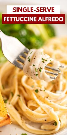 a fork with some food on it and the words single serve fettuccine alfredo