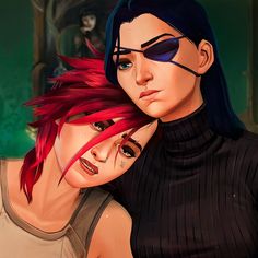 two young women with red hair and black clothes, one is hugging the other's shoulder