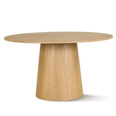 a round wooden table sitting on top of a white floor