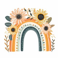 an illustrated rainbow with sunflowers and leaves