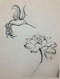 a drawing of a bird flying over a flower