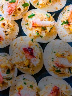 deviled eggs filled with shrimp and cheese