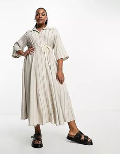 River Island Plus linen midi dress in beige stripe | ASOS Spring Striped Button-up Midi Dress, Linen Midi Dress, Body Fit, Jeans Shop, River Island, Plus Size Dresses, Must Haves, Latest Trends, Asos