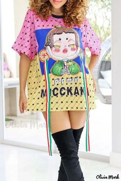 Olivia Mark - Stylish Pink Casual Basic Print Dress with O Neck and Short Sleeves Tassel Shorts, Casual Wear Dress, Dress Sleeve Styles, Style Upgrade, Round Neck Dresses, Chic Pink, Mini Shirt Dress, Girls Prints, Pink Mini Dresses